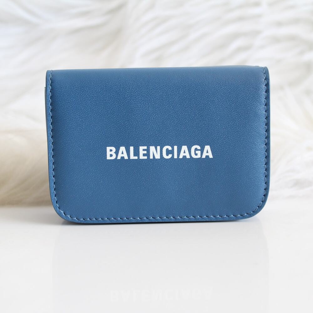 Balenciaga Blue & White Leather Logo Everyday Trifold Mini Compact Wallet